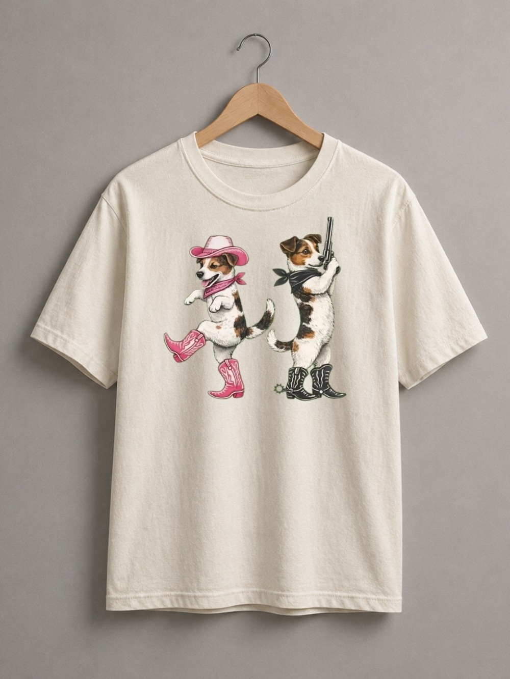 Off White Tee with Pink and Black Western Dog Print